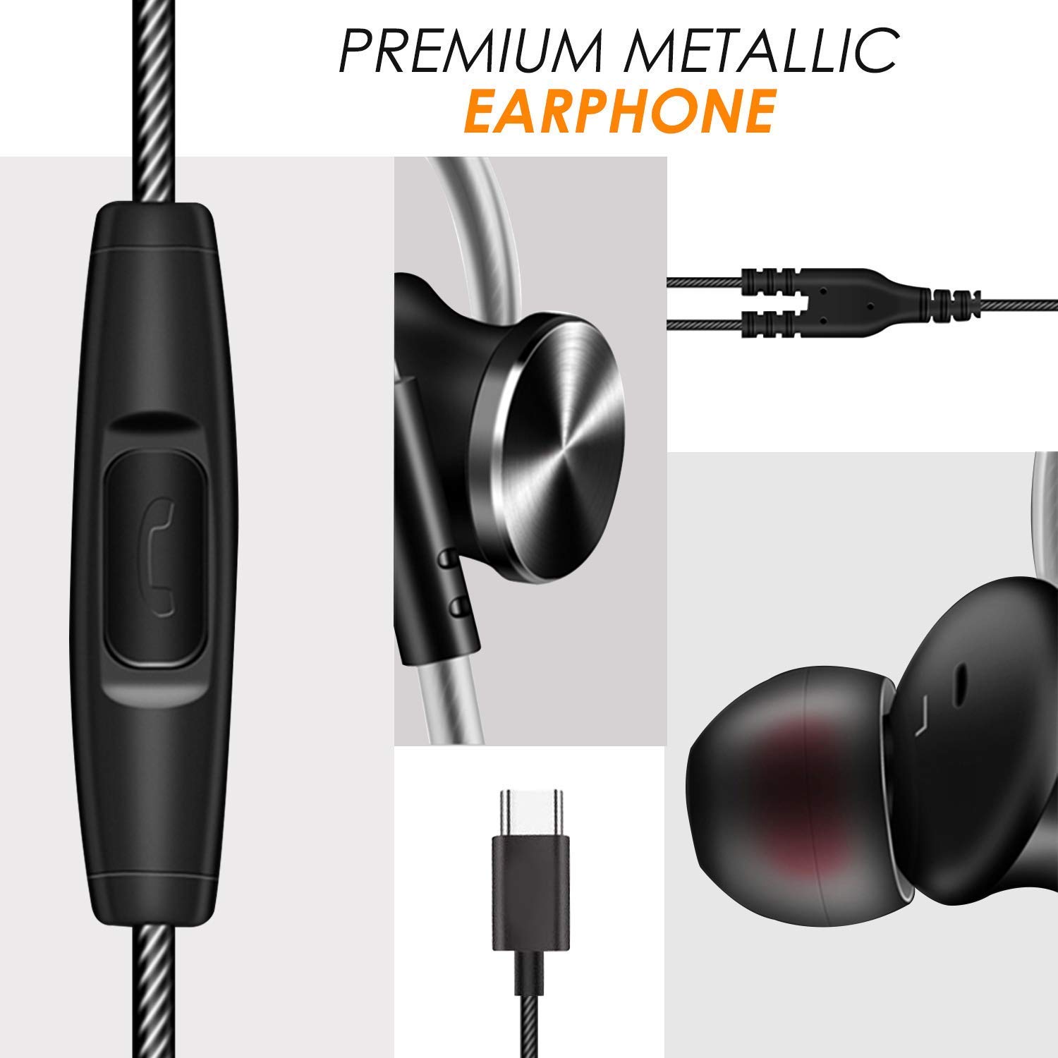 Wecool Mr.Bass Snug Fit Metallic C Type Wired in Ear Earphones with Mic and Volume Controller, High Bass for Mobile, with Free Carry Case (Type c, Bla Total - 2