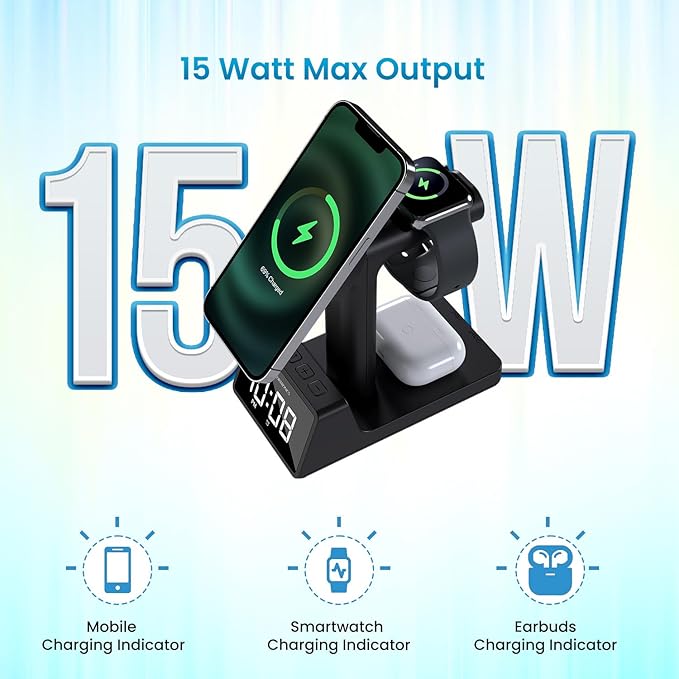 Portronics Bella 2 3 in 1 15W Magnetic Wireless Charging Station with Digital Alarm Clock - 1
