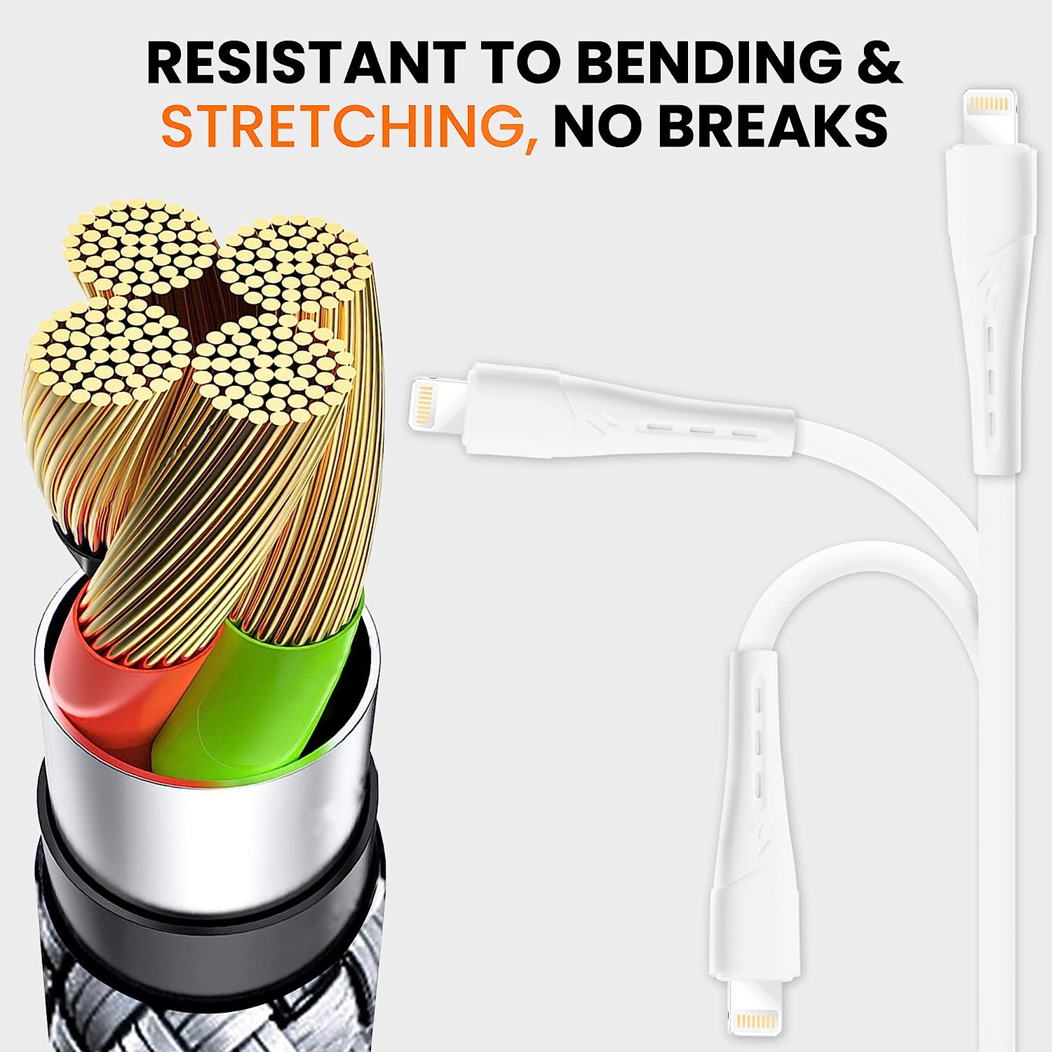 Wecool Soft PVC Fast Charging 8 pin Charging Cable Compatible for iPhone, Both Charing and Data Sync Functions, Certitified Lightning White Cable, 1 M Total - 2