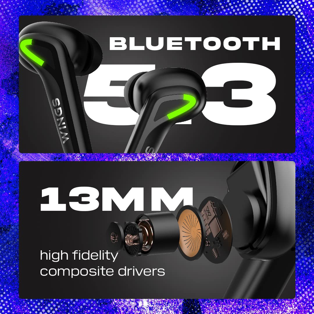 Wings Phantom 760 Wireless Earphones, Earbuds with Low Latency 40 ms, Sync App Support, Gaming Designed case with LED Lights, Bullet ChargeTM Headphon - 1