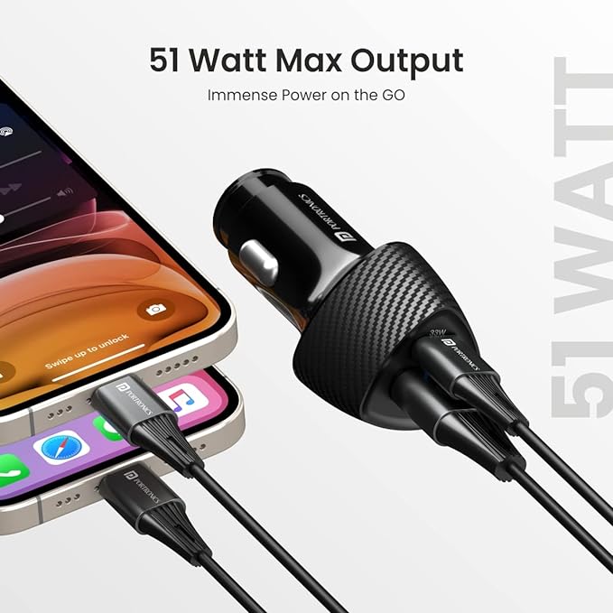 Portronics 51W Car Power 16 Fast Car Charger with Dual Output, 51 Watts Total (18W USB + 33W Type C PD) - 1