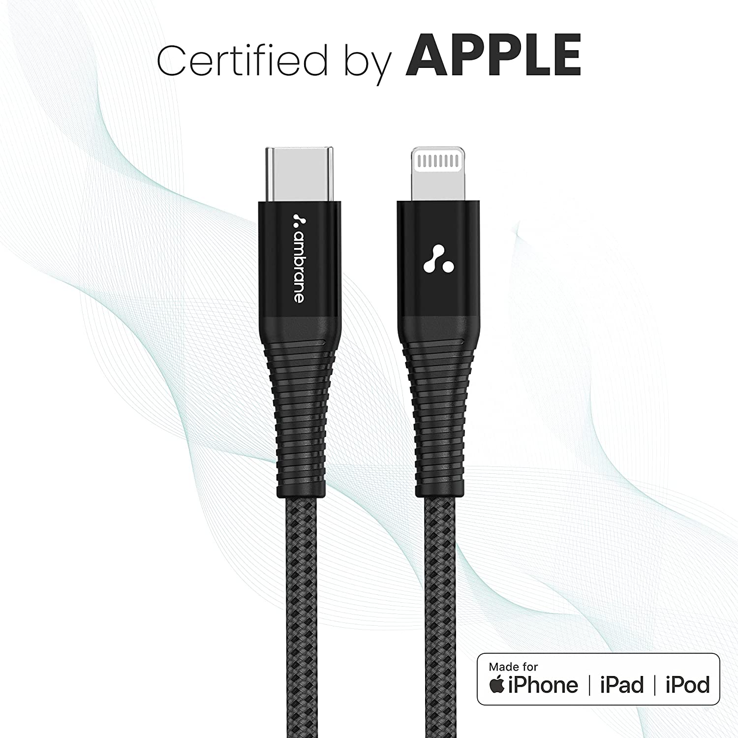 Ambrane Apple MFI Certified Lightning to Type C Cable, Fast Charging for iPhone, Airpods, iPad & other Apple Devices (1 meter, AMC-10 Black) Total - 1