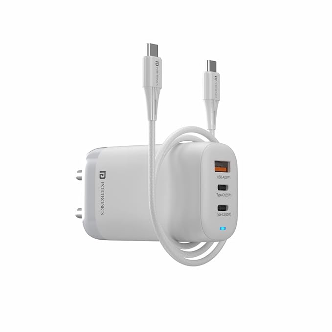 Portronics Adapto 65X 65w Mach USB and Type C Adapter wall charger with Triple Output Ports (1 USB + 2 PD)| Fast Charging with GaN Technology - 0