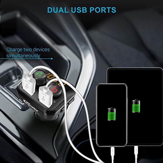 Portronics AUTO 10 POR-320, Bluetooth - FM Transmitter in-Car Radio Adapter for Hands-Free Calling, Music Streaming, Micro SD + USB Music, 3.4A Dual U - 2