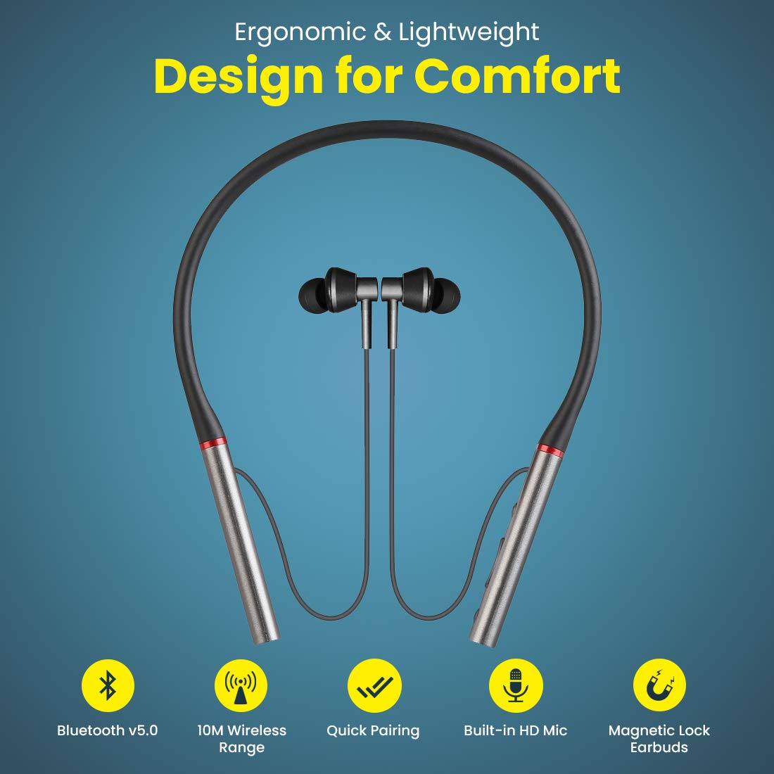 pTron Tangent Plus Magnetic in-Ear Wireless Bluetooth 5.0 Headphones, 15hrs Playback with Deep Bass, TF Player/Selfie Feature, IPX4 Water/Sweat Resist Total - 1