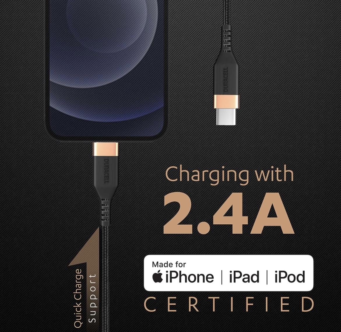 Duracell USB C To Lightning Apple Certified (Mfi) Braided Sync & Charge Cable For Iphone, Ipad And Ipod. Fast Charging Lightning Cable, 3.9 Feet (1.2M Total - 1