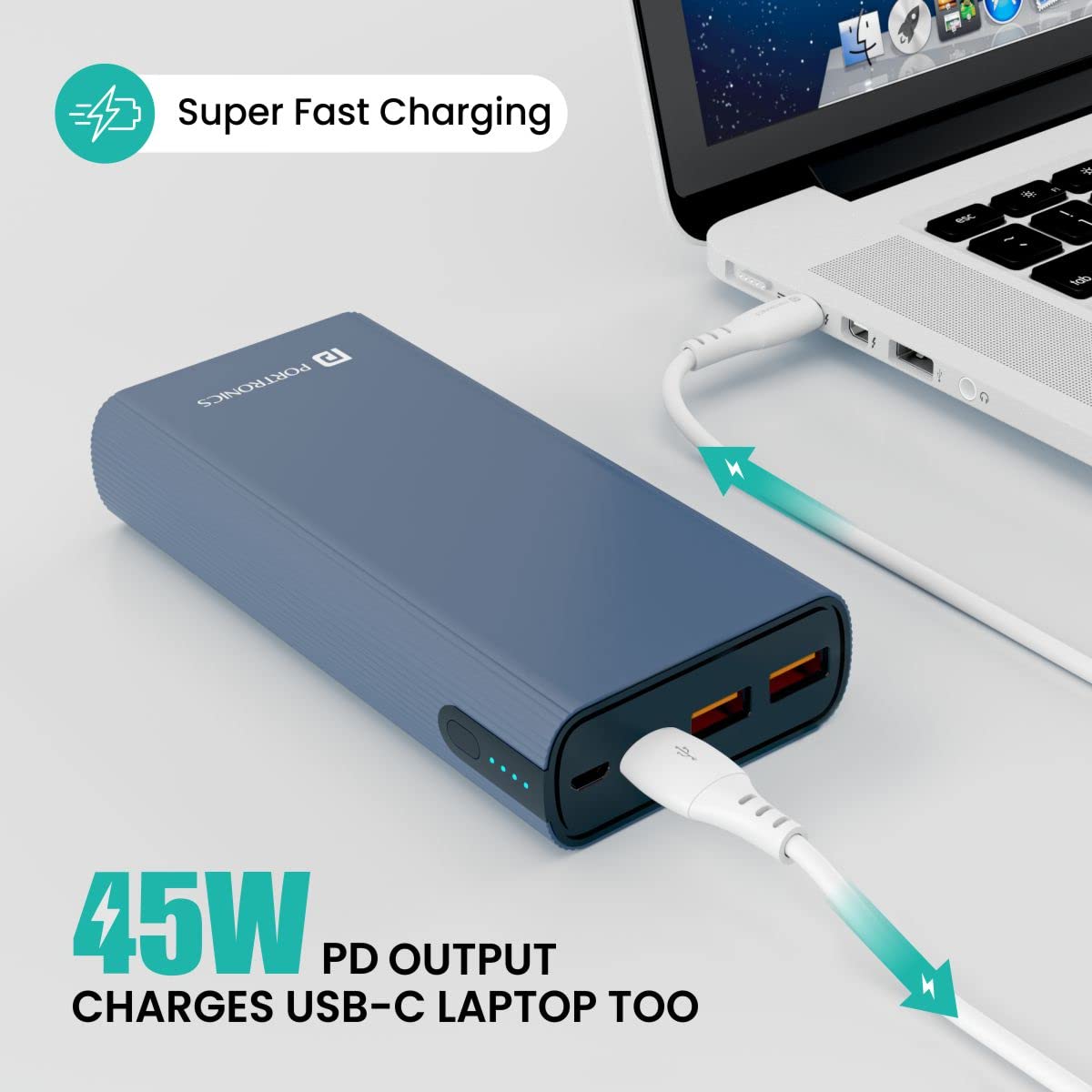 Portronics Power 45 20000mAh Power Bank for Laptop/Mobile with 45W Fast Charging, Dual Input(Type C + Micro USB) & Triple Output(2USB + 1 Type C) with Total - 1