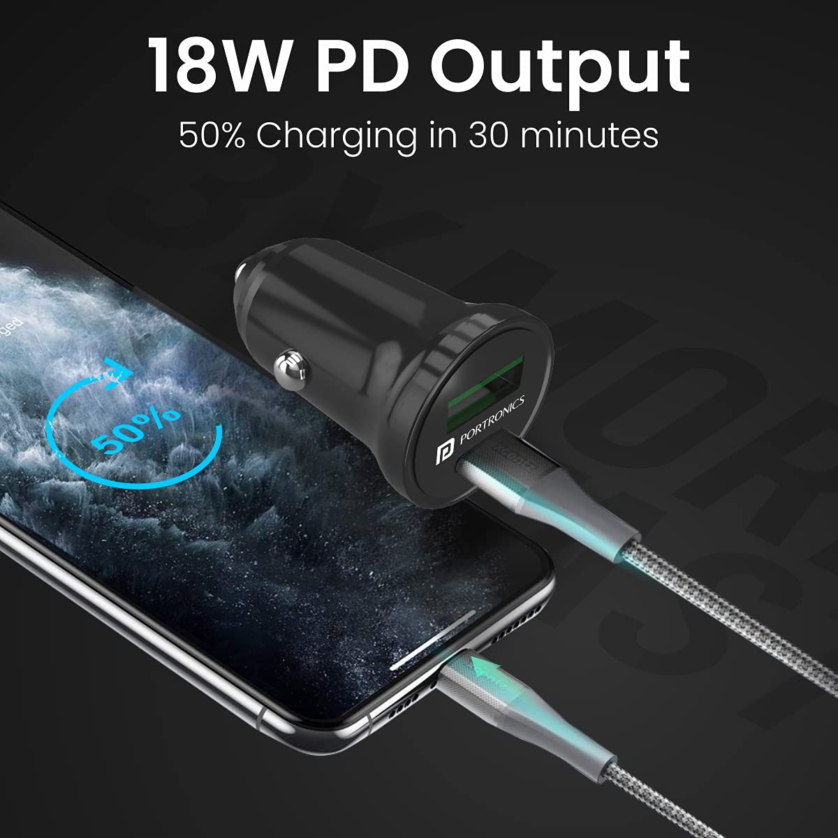 Portronics CarPower Mini 38w Car Charger with Dual Output, Fast Charging (Type C PD 18W + QC 3.0A) Compatible with All Smartphones(Black) Total - 2