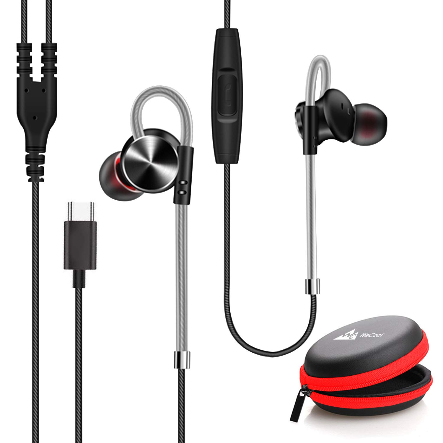 Wecool Mr.Bass Snug Fit Metallic C Type Wired in Ear Earphones with Mic and Volume Controller, High Bass for Mobile, with Free Carry Case (Type c, Bla Total - 0