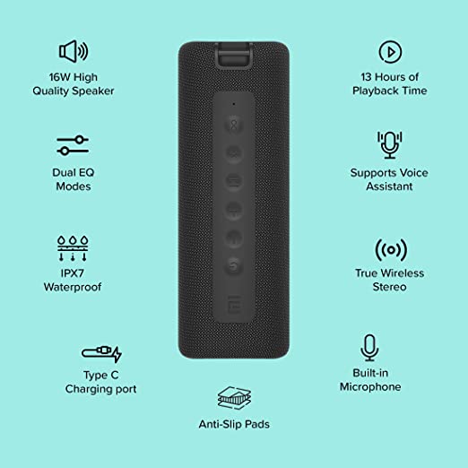 Mi Portable Bluetooth Speaker with 16W Hi-Quality Speaker, Type C Charging, Upto 13hrs of Playback Time & IPX7 Waterproof (Black) - 1