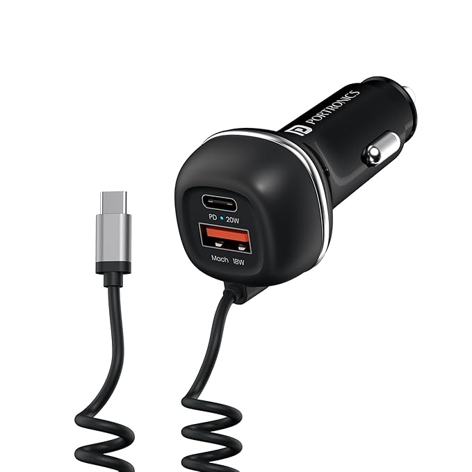 Portronics 71W Car Power 1C Triple Output Fast Car Charger with 33W Type-C Cable, 20W Type-C PD, 18W USB Port, Fast Charging - 0