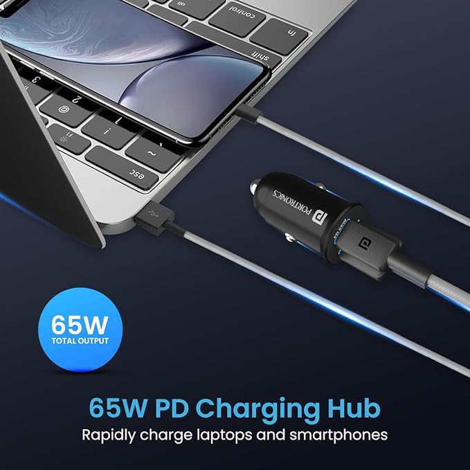 Portronics 65 Watts Car Power 65 Dual Output Fast Car Charger with 100W Type-C Cable (2m), 65W Type-C - 1