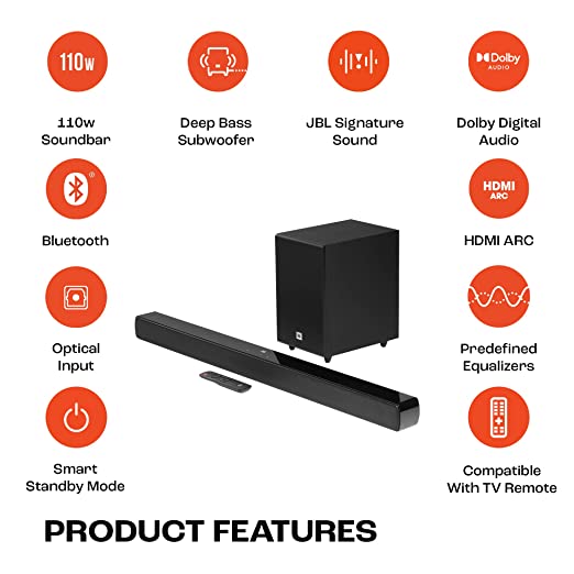JBL Cinema SB241, Dolby Digital Soundbar with Wired Subwoofer for Extra Deep Bass, 2.1 Channel Home Theatre with Remote, HDMI ARC, Bluetooth & Optical - 1