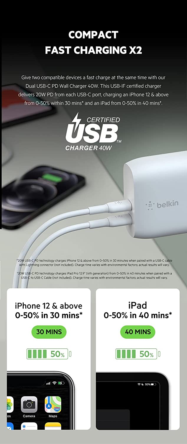 Belkin Fast Charging,Universally Compatible Dual USB-C 40W Pd Wall Charger-Power Delivery 3.0 Certified,Each Port Delivers 20W of Power for All Cellul Total - 1