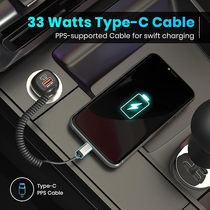 Portronics 71W Car Power 1C Triple Output Fast Car Charger with 33W Type-C Cable, 20W Type-C PD, 18W USB Port, Fast Charging - 2