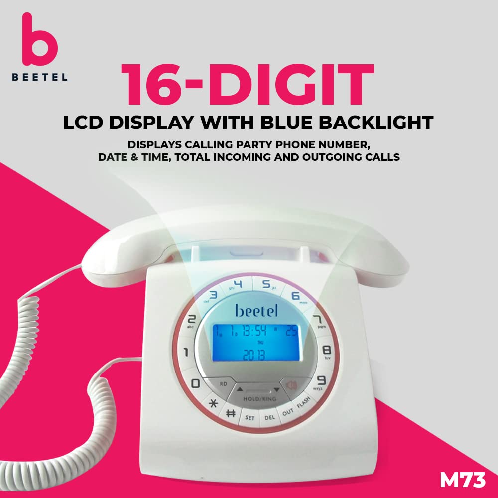 Beetel M73 Caller ID Corded Landline Phone with 16 Digit LCD Display, Retro Design, Alphanumeric Keypad, 2-Way Speaker Phone, Adjustable Ringing (Whit - 1