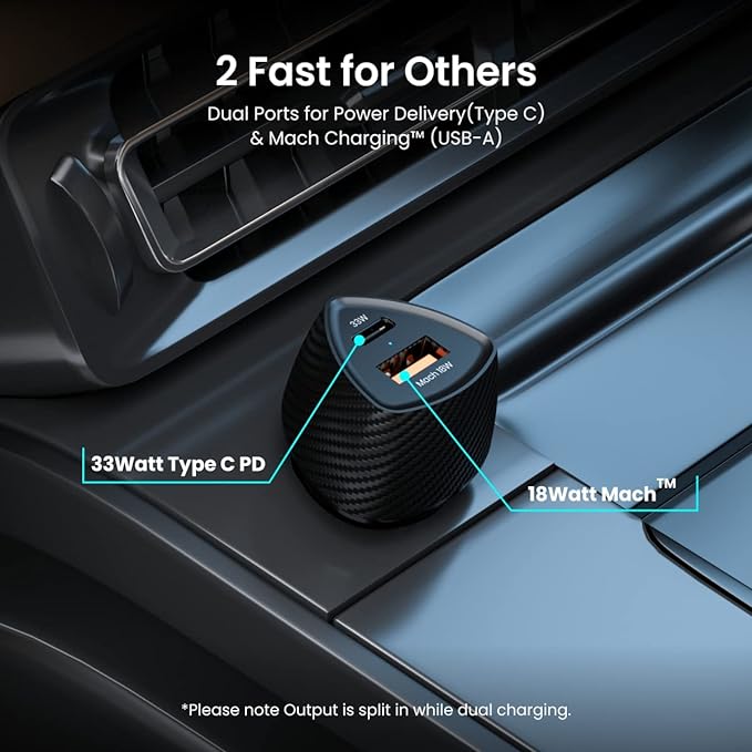 Portronics 51W Car Power 16 Fast Car Charger with Dual Output, 51 Watts Total (18W USB + 33W Type C PD) - 2