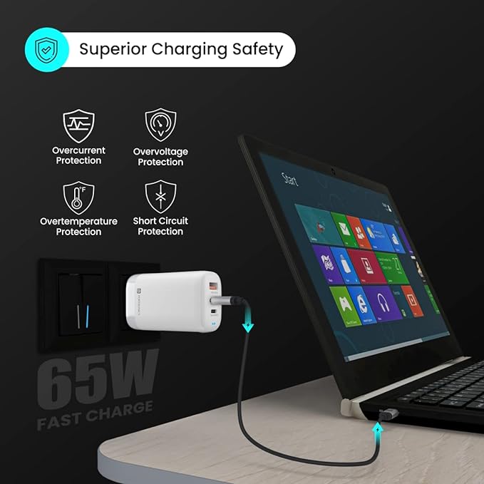 Portronics Adapto 65X 65w Mach USB and Type C Adapter wall charger with Triple Output Ports (1 USB + 2 PD)| Fast Charging with GaN Technology - 1