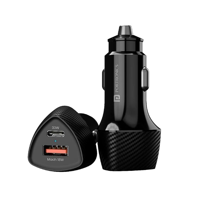 Portronics 51W Car Power 16 Fast Car Charger with Dual Output, 51 Watts Total (18W USB + 33W Type C PD) - 0