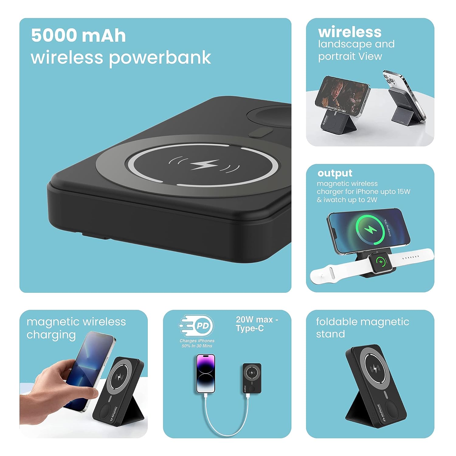Stuffcool PB9063W 5000mAh Magnetic Powerbank Compatible with Apple Watch Charging and Leather Kick Stand - 1