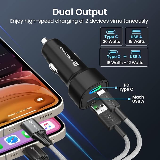 Portronics car power 30 Dual Output Fast Car Charger with 30W Type-C PD & 30W USB, LED Indicator - 2