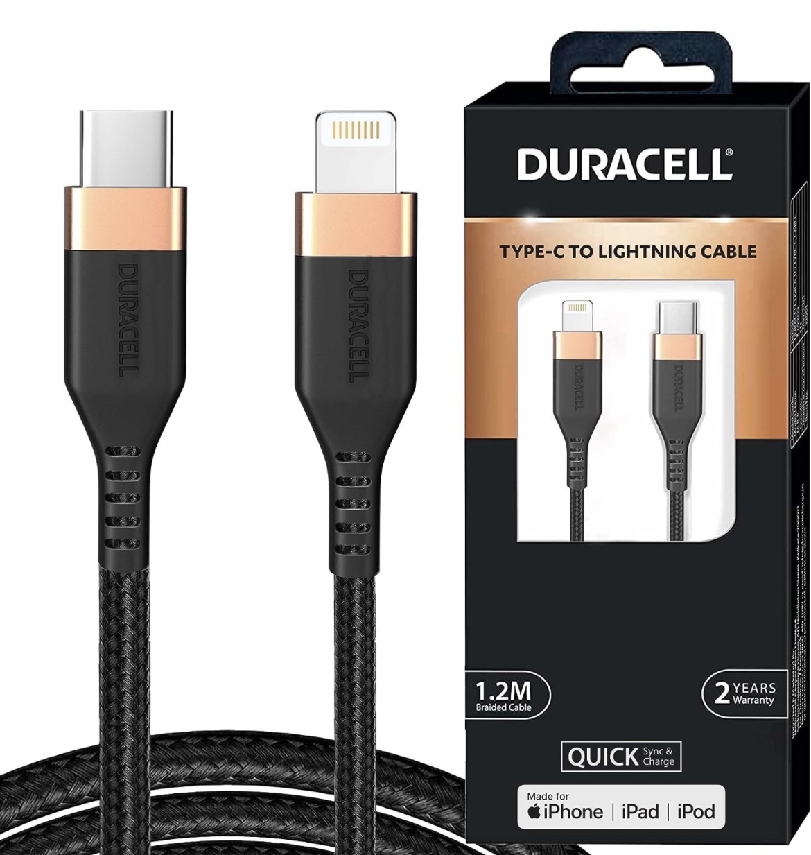 Duracell USB C To Lightning Apple Certified (Mfi) Braided Sync & Charge Cable For Iphone, Ipad And Ipod. Fast Charging Lightning Cable, 3.9 Feet (1.2M Total - 0