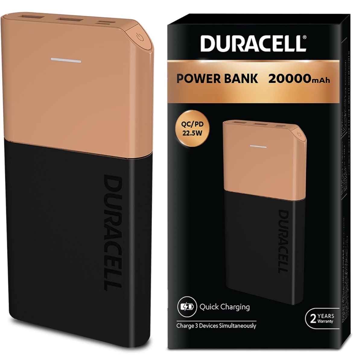 Duracell Power Bank 20000 mAh, Portable Charger, USB C/Micro USB Input, USB A/USB C Output, Fast Charge Technology, 22.5W Power Delivery for Smartphon - 0