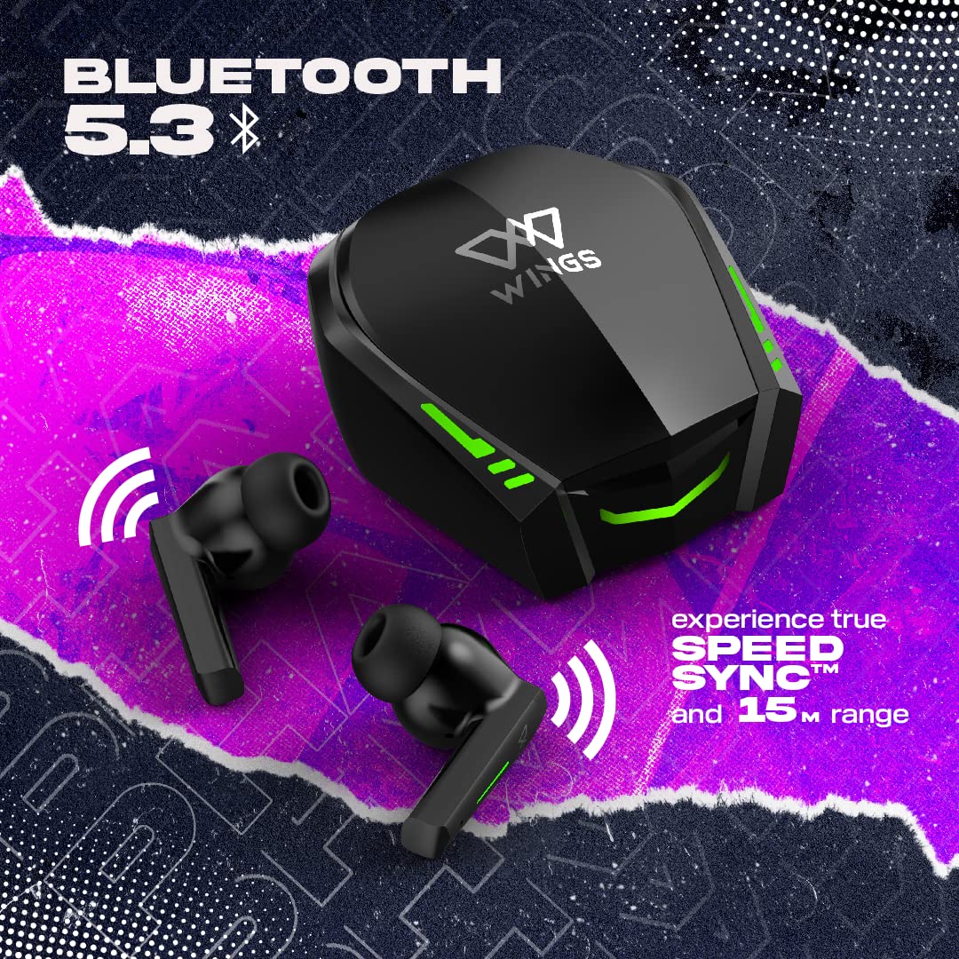 Wings Phantom 800 Best Low Latency 40ms Earbuds, Bluetooth Wireless Headphones, Gaming Case, LED Lights, 50 Hours Playtime, in-Ear Airpods with Mic, T - 1