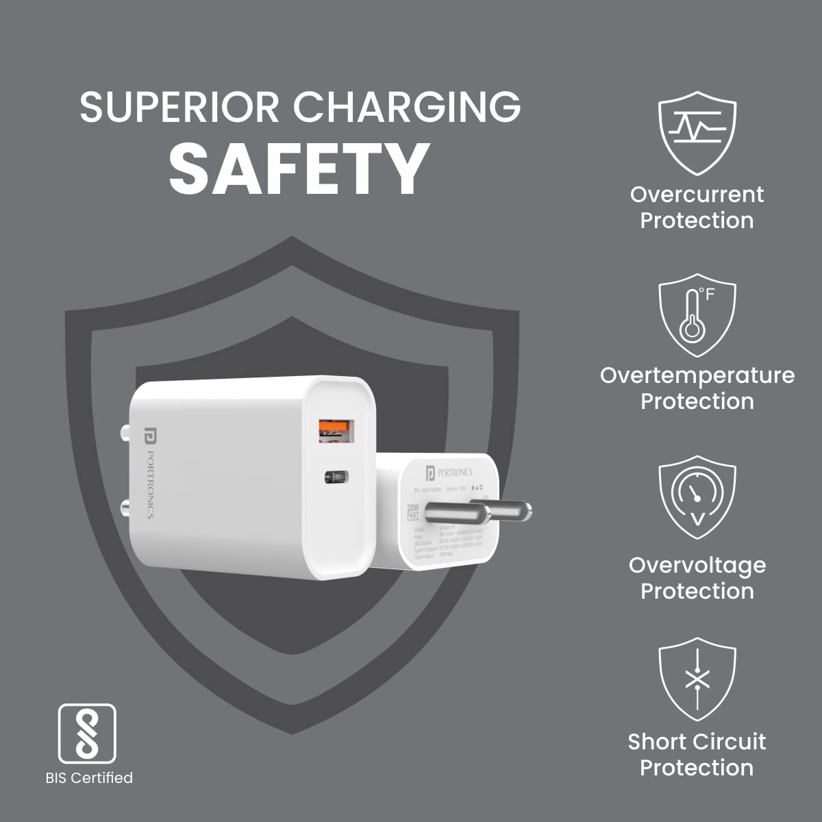 Portronics Adapto 45 20W Mach USB & Type-C Dual Output Super Fast Charger, Wall Adapter Power Delivery 3.0 Fast Charging & USB A Fast Charge Adaptor f - 2