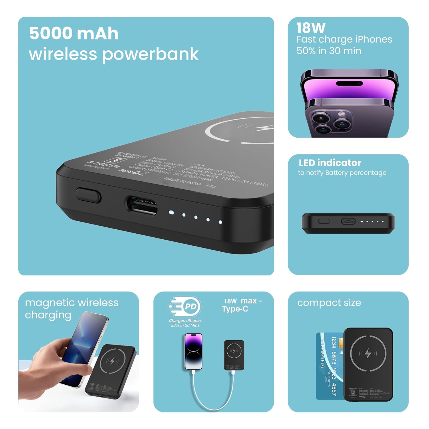 Stuffcool Click 5000mAh Made in India Magnetic Wireless Powerbank with 18W PD Fast Charing Type C Port - 2