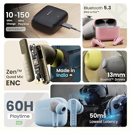 Boult Audio Z60 Earbuds with 60H Battery, Clear Calling 4 Mics, Made in India, 50ms Low Latency Gaming - 1
