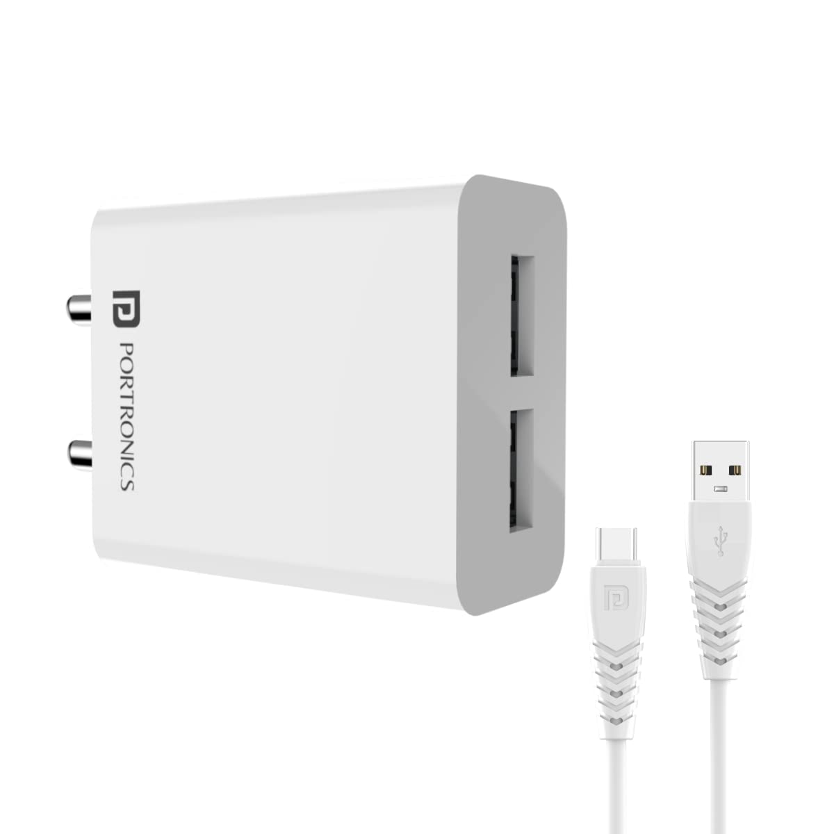 Portronics Adapto 32 C 2.4A 12w Dual Output Port Wall Charger,Comes with 1M Type C Charging Cable, USB Wall Charger Adapter for iPhone 11/Xs/XS Max/XR - 0