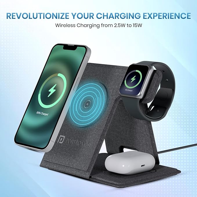 Portronics Freedom Fold 3 15W 3 in 1 Foldable MagSafe Compatible Wireless Charger - 1