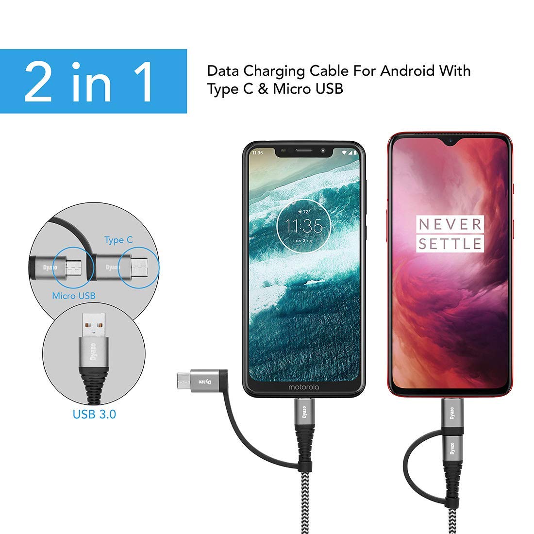 Dyazo 4 ft / 1.2 m 2 in 1 Cable [ Micro USB & Type C ] Nylon Braided Fast Charging with Flexi Head Technology Compatible with All Type c & Micro USB P - 1