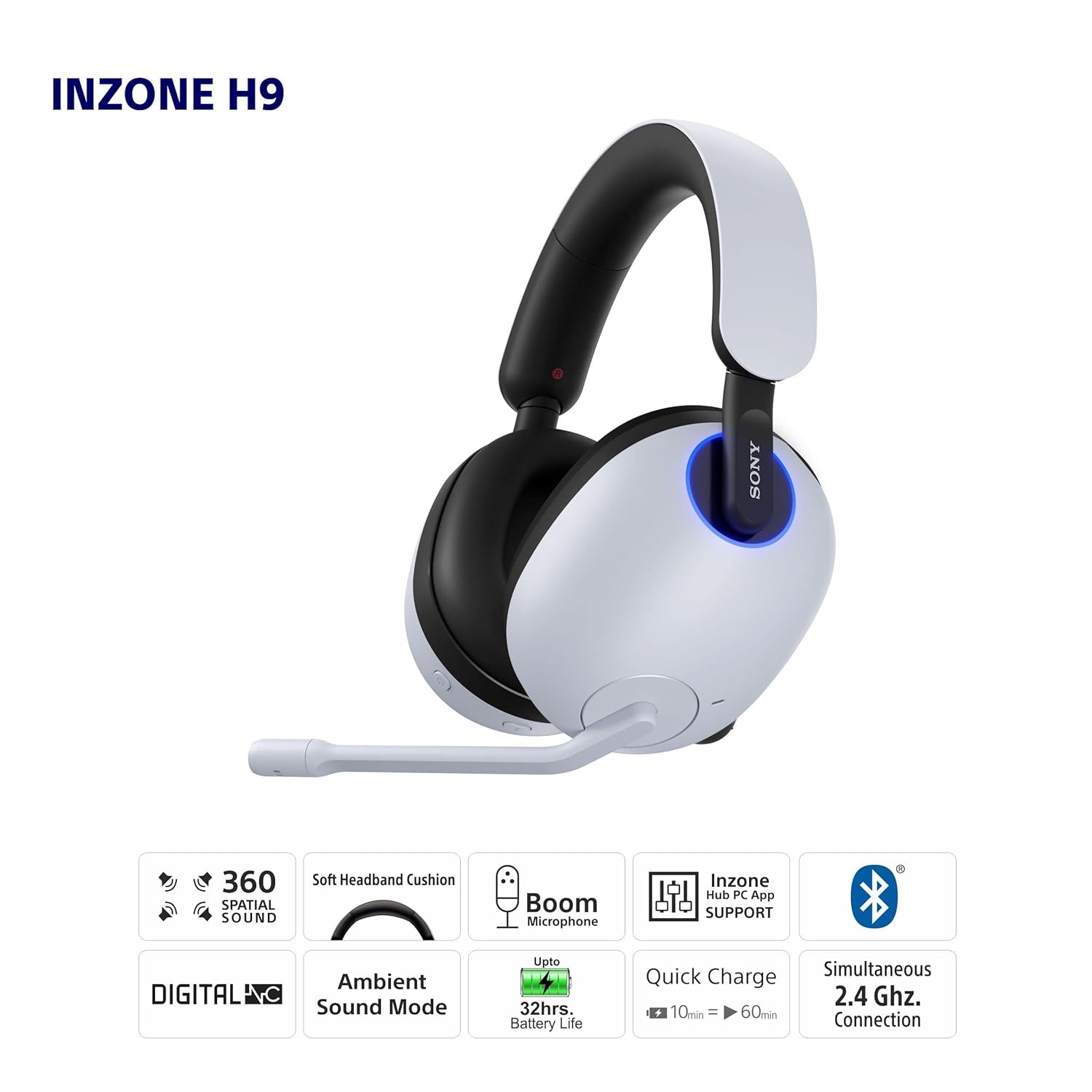Sony INZONE H9, WH-G900N Wireless Noise Cancelling 360 Spatial Sound, 32 Hours Battery Life, flip to Mute mic,PS5 & PC Compatible - 3