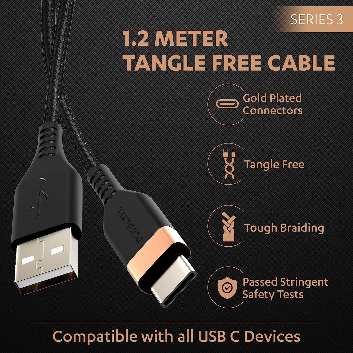 Duracell USB Type C, 3A Braided Sync & Fast Charging Cable, 3.9 Ft (1.2M), QC 2.0/3.0 Ultra Fast Charging, Compatible with Samsung, One Plus & all C t Total - 3