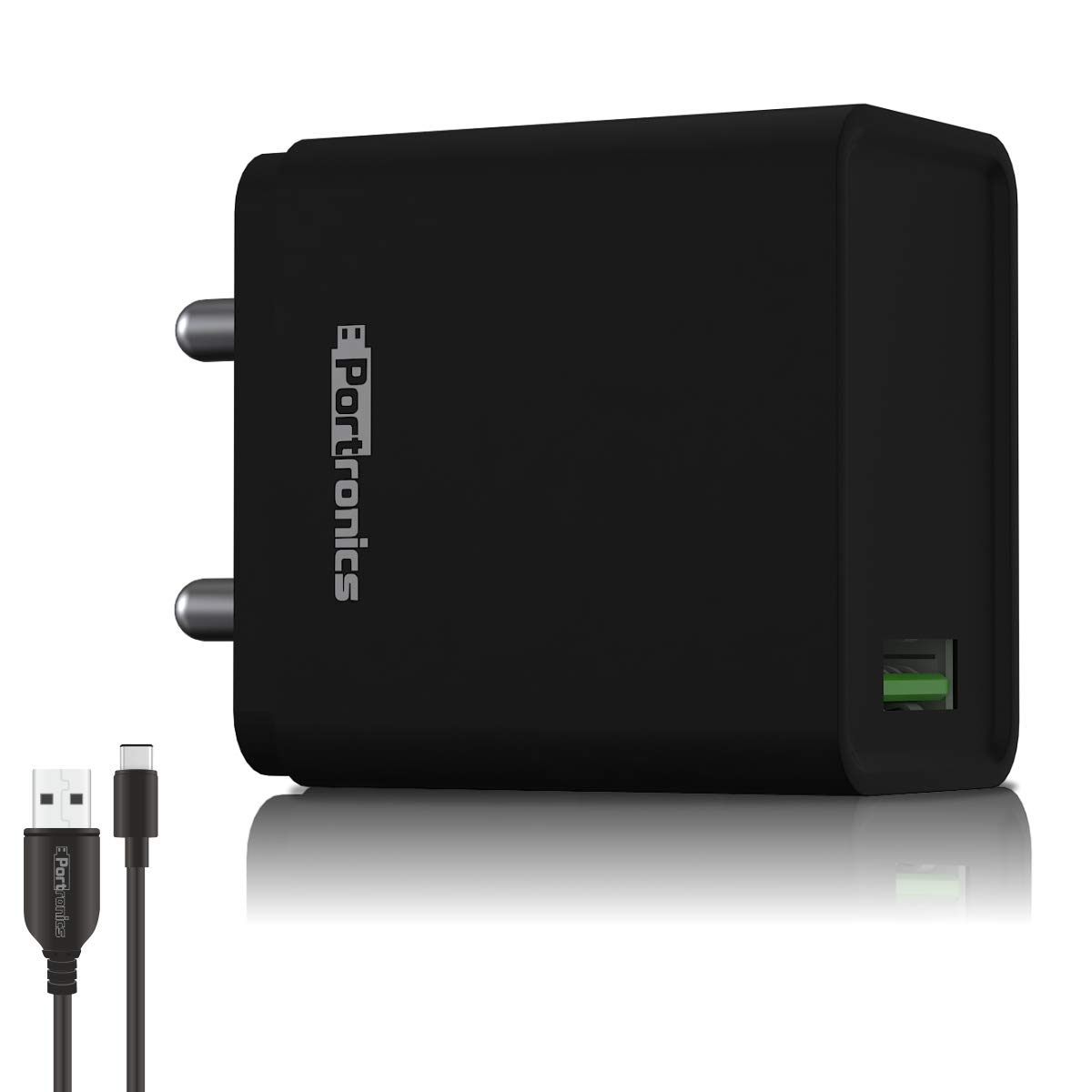 Portronics Adapto ONE, 18w 3A Mach USB Fast Charging Adaptor,Comes with 1M Type-C Cable Single Port Wall Charger for iPhone 11/Xs/XS Max/XR/X/8/7/6/Pl - 0