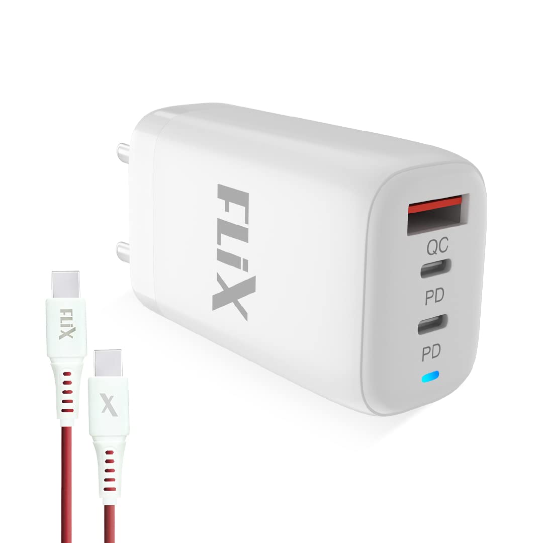 FLiX (Beetel) Storm 65W PD & QC GaN Tech Fast Charging Wall Charger for Mobile(Android/iOS), Laptop & MacBook, Triple Output (1Type A+2Type C),Wide Compatibility, with 65W Type C Cable - 0