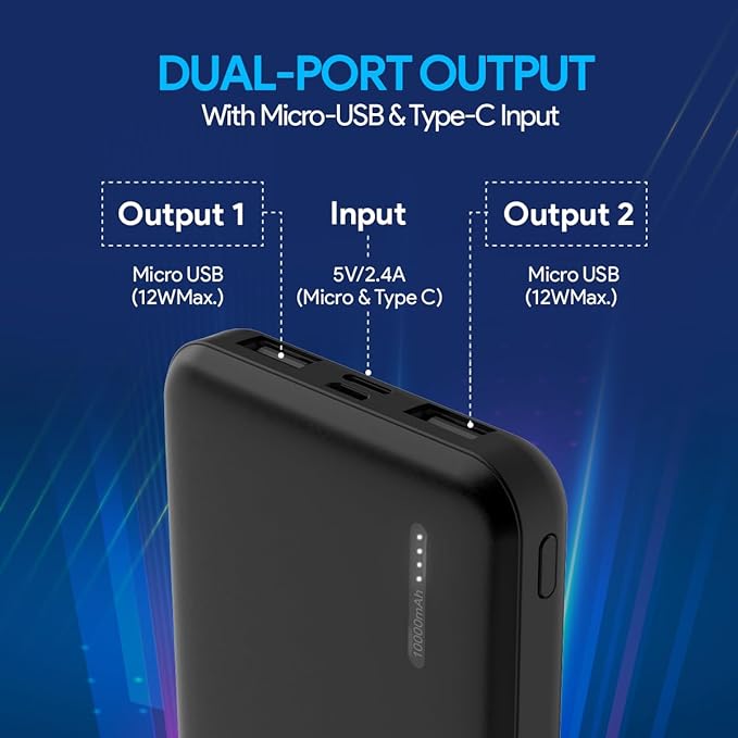FLiX(Beetel) PowerXtreme 10,000mAh Slim Power Bank, USB C/Micro USB input, Dual USB A Output, Compatible - 2