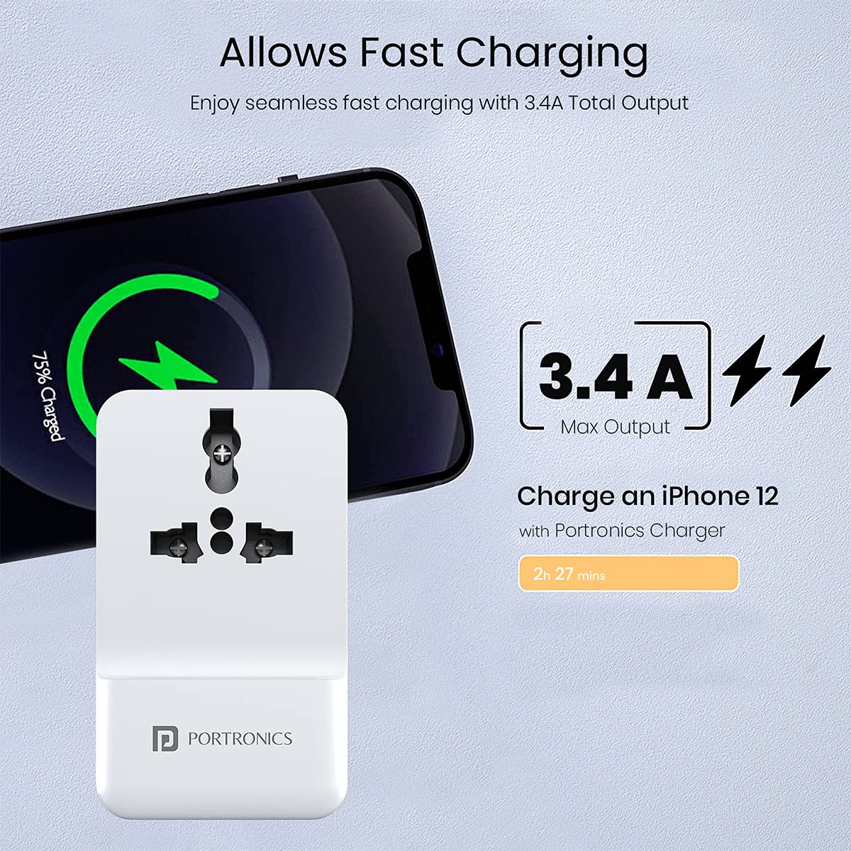 Portronics Adapto III Dual USB Adapter with 1 AC Power Socket 3.4Amp Total Output (White) Total - 2