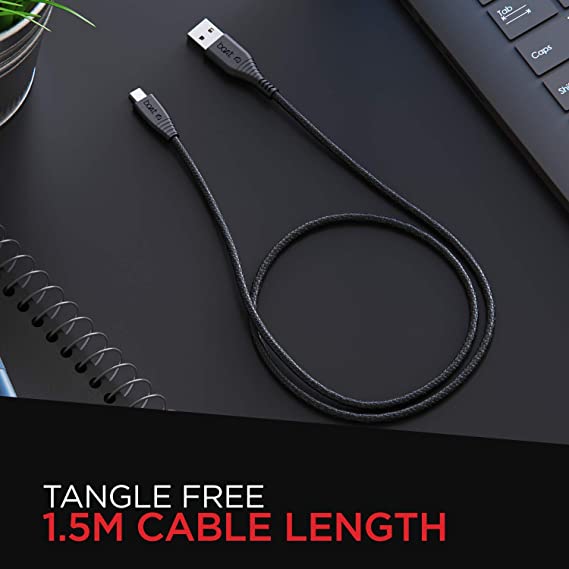 boAt Micro USB 55 Tangle-Free Cable with 3A Fast Charging & 480mbps Data Transmission(Black) - 0