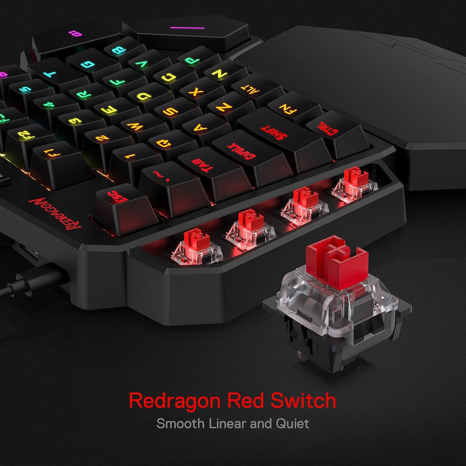 Redragon Store K585 DITI Wired, USB 2.0 One-Handed RGB Mechanical Gaming Keyboard with Brown Switches, Type-C Professional Gaming Keypad with 7 Onboard Macro Keys, Detachable Wrist Rest, 42 Keys - 3