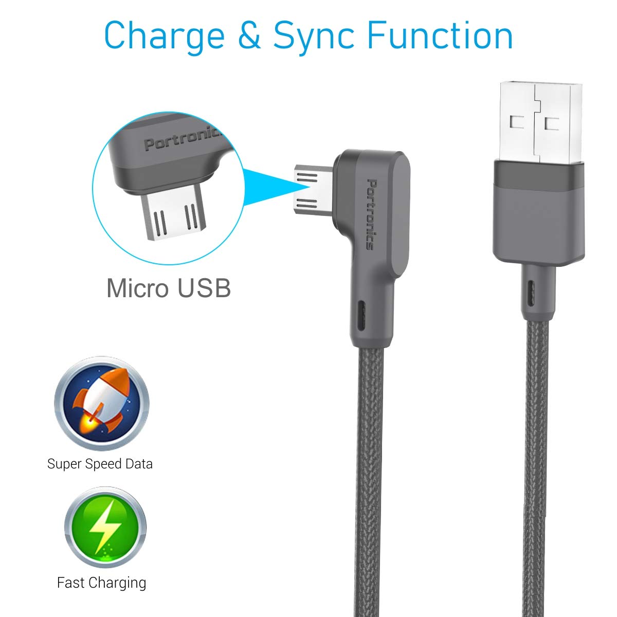 Portronics Konnect L 1.2Mtr, Fast Charging 3A Micro USB Cable with Charge & Sync Function (Grey) Total - 2