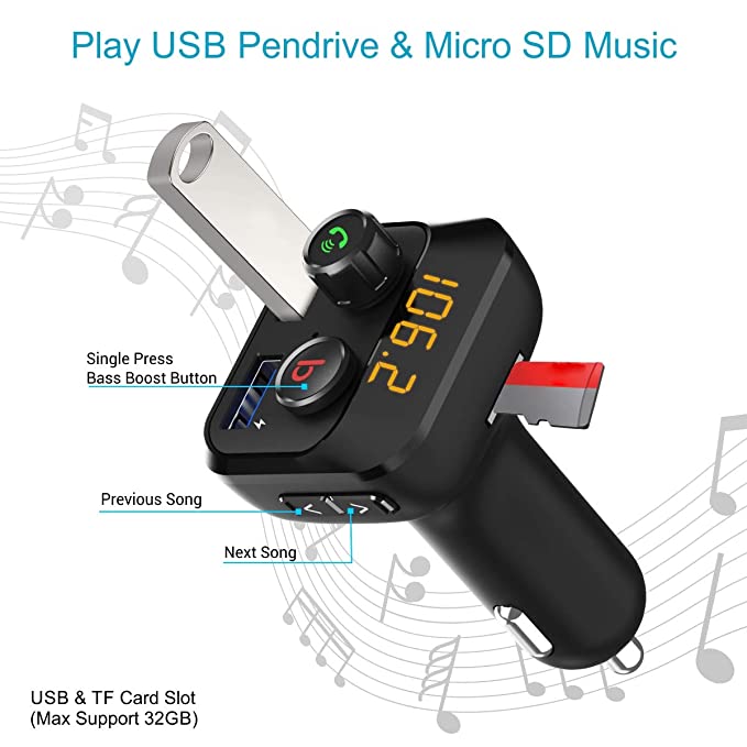 Portronics AUTO 10 POR-320, Bluetooth - FM Transmitter in-Car Radio Adapter for Hands-Free Calling, Music Streaming, Micro SD + USB Music, 3.4A Dual U - 1