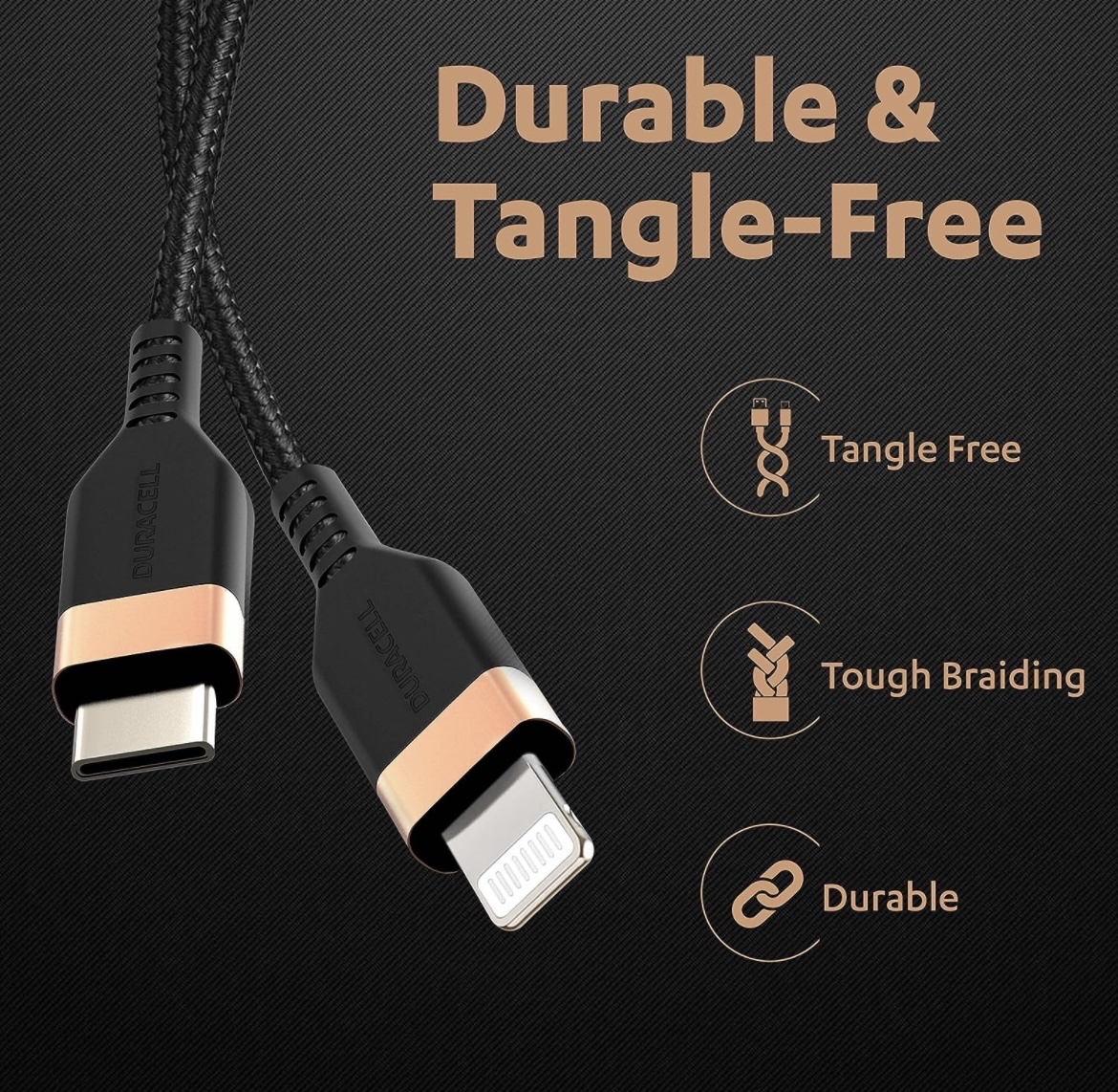 Duracell USB C To Lightning Apple Certified (Mfi) Braided Sync & Charge Cable For Iphone, Ipad And Ipod. Fast Charging Lightning Cable, 3.9 Feet (1.2M Total - 3