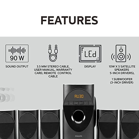 Philips Audio in-SPA 5190B/94 5.1 Channel 90W Multimedia Bluetooth Speaker System with 5x10W Satellite Speakers, LED Display, 40W Subwoofer & Multi-Co - 2