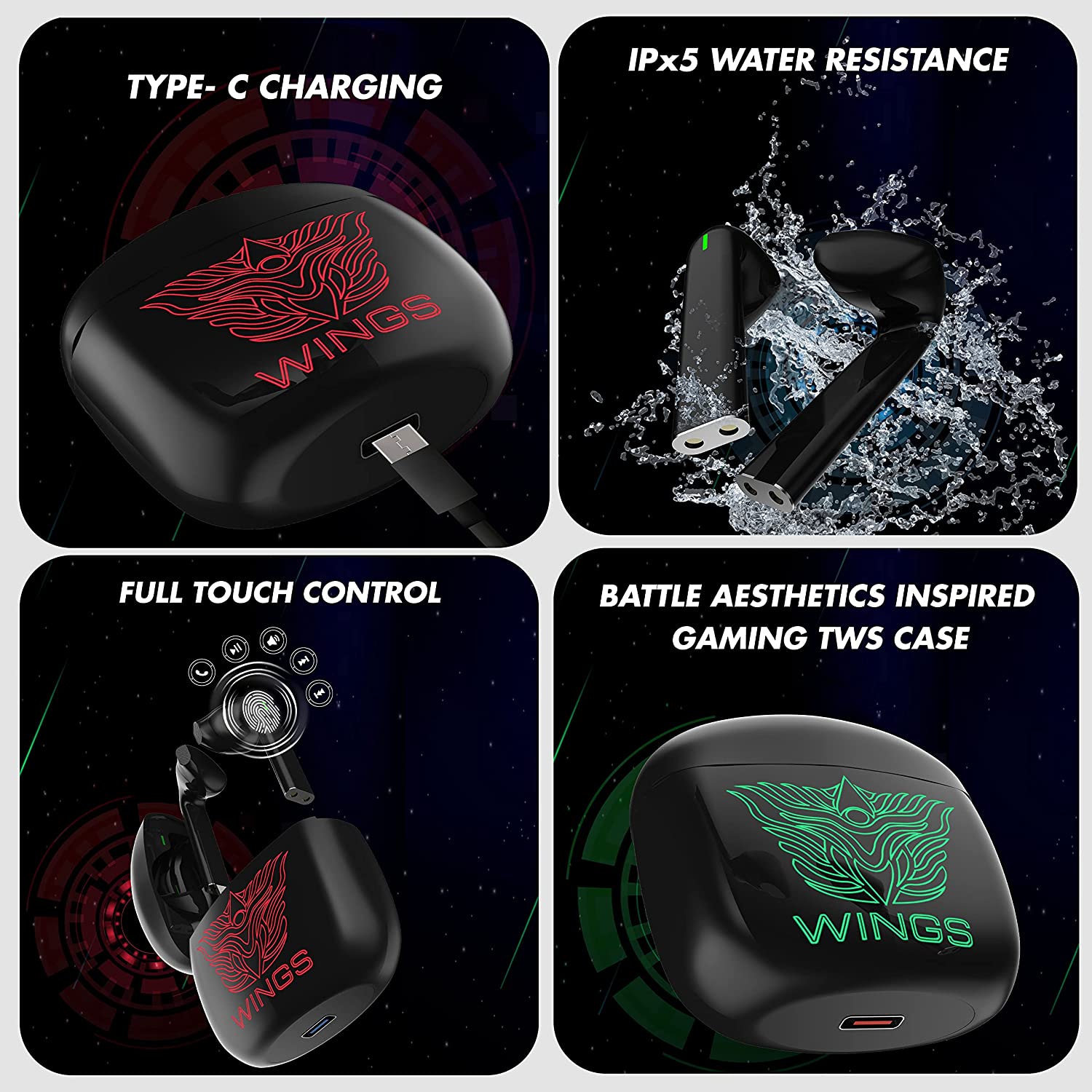 Wings Newly Launched Phantom 100 Gaming TWS Earbuds with 13 mm HD BASS Drivers, ENC Clarity, 40 Hours Playtime, 40ms Low Latency, 5.1 Bluetooth, USB T Total - 2