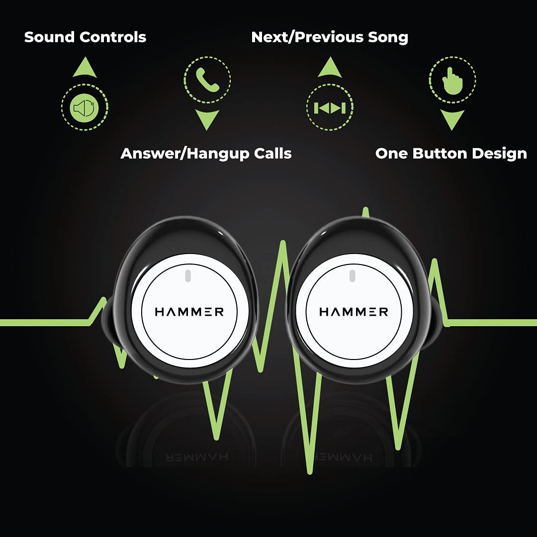 HAMMER Airflow Truly Wireless Earbuds (TWS), Bluetooth 5.0, 3-4 Hours Playtime, 10M Range, Wireless Headphone with Magnetic Charging Case (300mah), in Total - 1