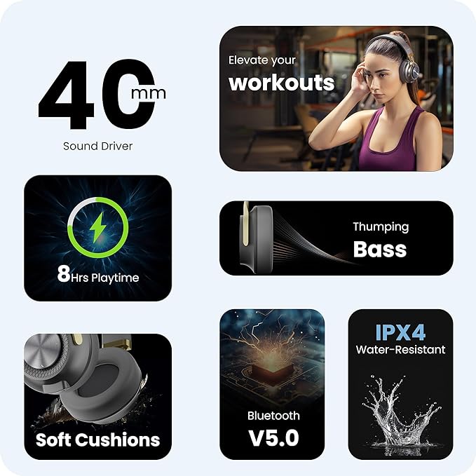 HAMMER Bash 2.0 Over The Ear Wireless Bluetooth Headphones with Mic, Deep Bass, Foldable Headphones, Upto 8 Hours Playtime - 1