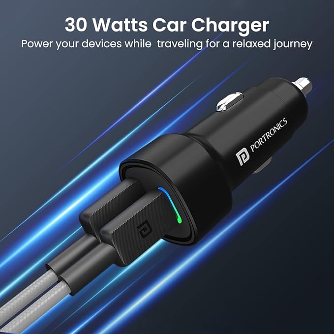 Portronics car power 30 Dual Output Fast Car Charger with 30W Type-C PD & 30W USB, LED Indicator - 1